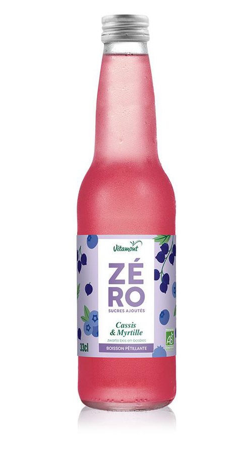 Visuel 1 du produit Boisson gazeuse bio Zéro sucres ajoutés cassis myrtille Vitamont – 33 cl