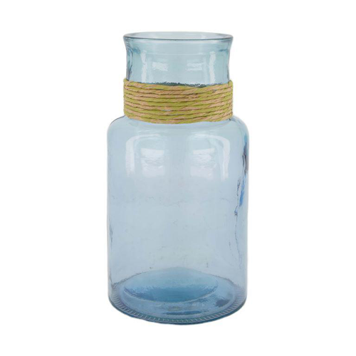 Visuel 1 du produit Vase en verre recyclé bleu et raphia - Ø 15 x 28 cm