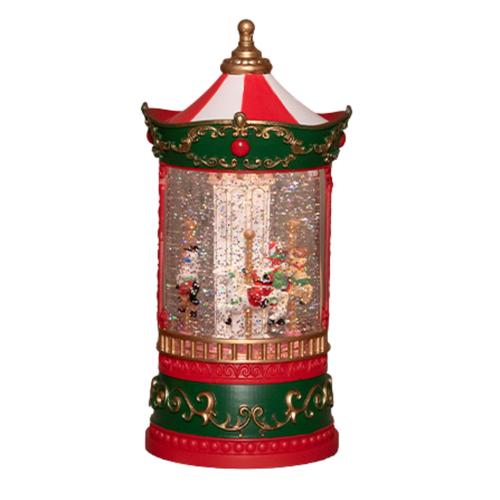 Visuel 1 du produit Décoration de Noël lumineuse lanterne boule à eau manège en PVC coloris rouge LED blanc chaud à piles - H 20,5 x Ø 9 cm