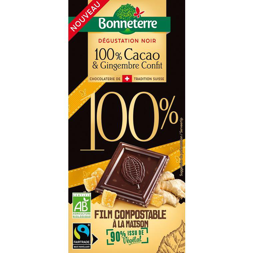 Visuel 1 du produit Tablette de chocolat 100 % cacao et gingembre confit bio Bonneterre - 90 g