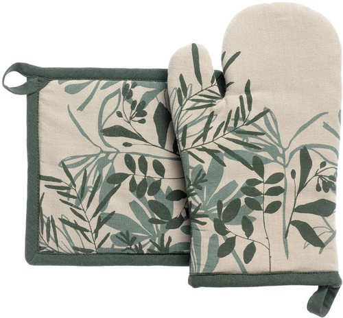 Visuel 1 du produit Lot gant et manique en coton motif végétal vert Majda - 18 x 28 cm