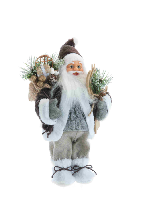 Visuel 1 du produit Père Noël en tissu brun/gris avec hotte de cadeaux et skis - 46 cm