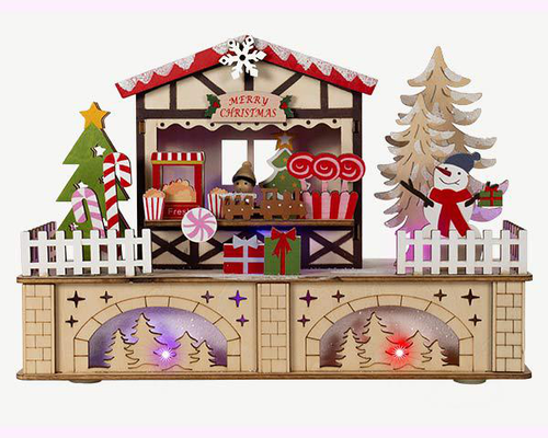 Visuel 1 du produit Scénette fête foraine en bois à 8 LED couleur avec câble USB ou piles - 25 x 8 x 18 cm