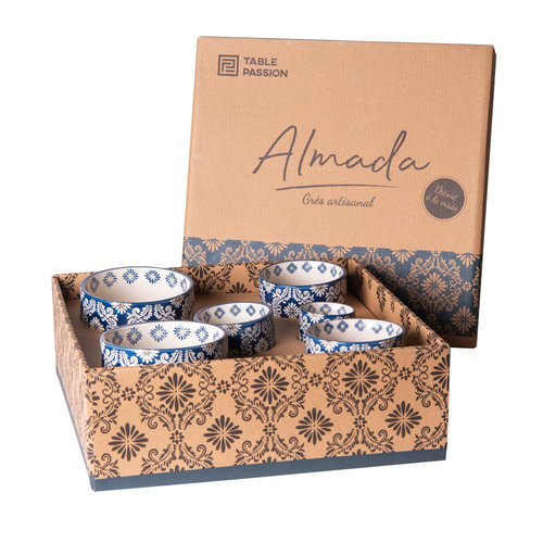 Visuel 2 du produit Service apéritif en gré bleu peint à la main Almada - 1 plateau et 6 coupelles
