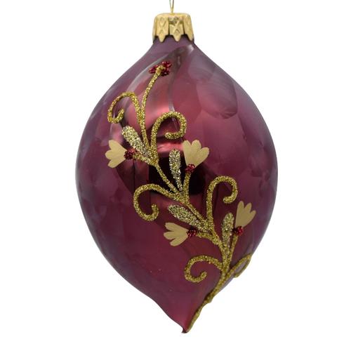 Visuel 1 du produit Ornement goutte en verre bordeaux à motif floral or - Ø 7 x H 10 cm
