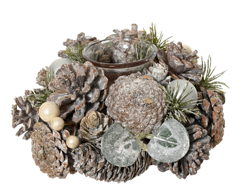 Visuel 1 du produit Photophore pomme de pin, baies et mousse avec givre - Ø 19 x H 9 cm