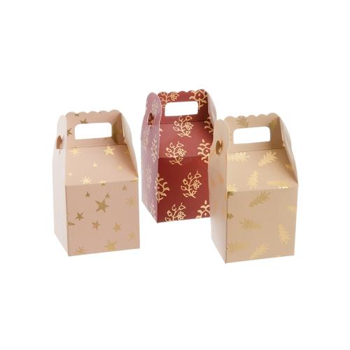 Visuel 1 du produit Ensemble de 3 boîtes pliables en papier beige ou rouge à motif doré - 6,5 x 6,5 x 11,5 cm