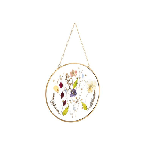 Visuel 1 du produit Tableau ovale en verre cerclé de métal doré avec fleurs séchées - 15 x 25 cm