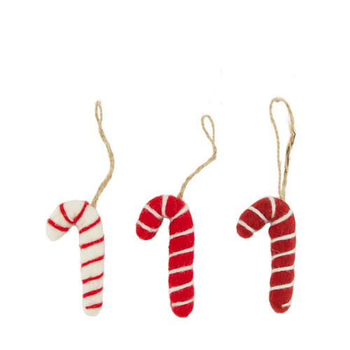 Visuel 1 du produit Décoration à suspendre forme canne en laine rouge et blanche - 4 x 8 cm