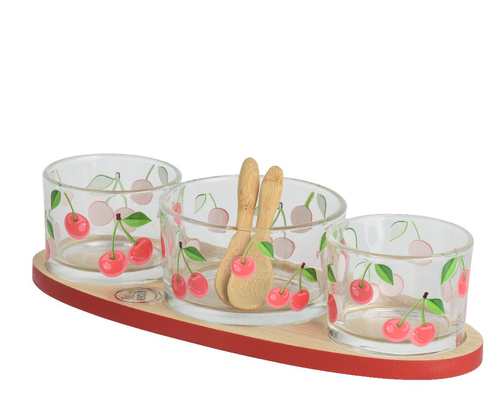 Visuel 1 du produit Plateau à tapas en bambou avec 3 ramequins en verre transparent à motifs cerise - 10 x 25 x 5,6 cm
