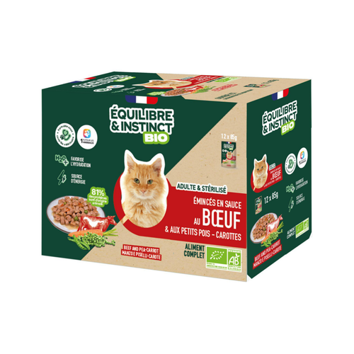Visuel 1 du produit Aliment humide pour chat adulte bio bœuf petits pois carottes Équilibre & Instinct - 12 x 85 g