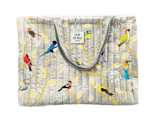 Visuel 1 du produit Grand cabas matelassé en coton coloris multicolore Cartes d'Art oiseaux - 46 x 36 x 15 cm