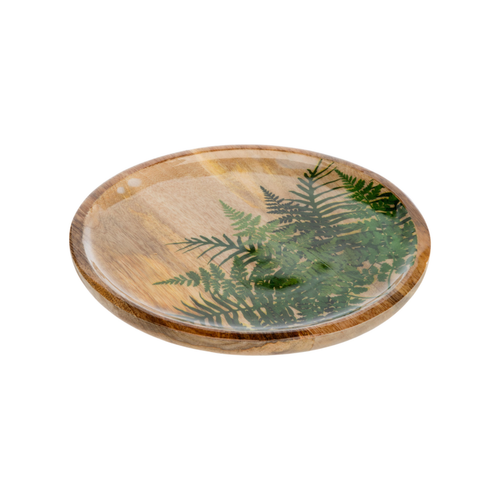 Visuel 1 du produit Plateau rond en bois de manguier avec décor fougères vert - Ø 30 cm