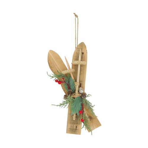 Visuel 1 du produit Suspension skis en bois de peuplier naturel avec houx vert - 17,5 x 6 x 38 cm