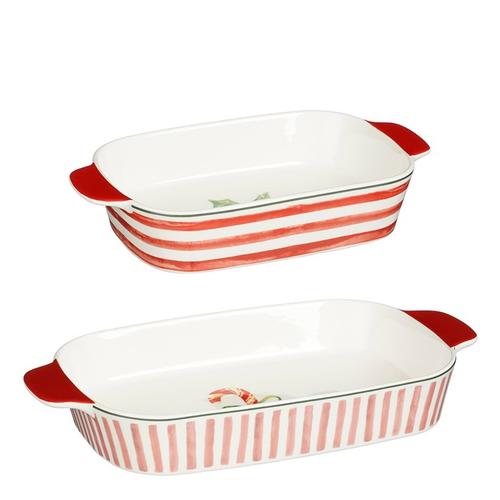 Visuel 1 du produit Ensemble de 2 plats de cuisson en céramique à rayures rose et rouge Noël - 33 x 19 cm