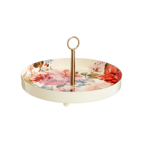 Visuel 1 du produit Plateau rond fleuri multicolore avec poignée en métal - Ø 26 x H 6 cm