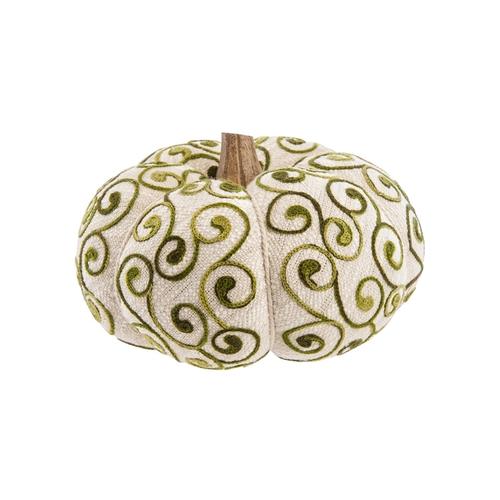 Visuel 1 du produit Citrouille décorative en bois et tissu blanc à volutes vertes - Ø 20 x H 15 cm