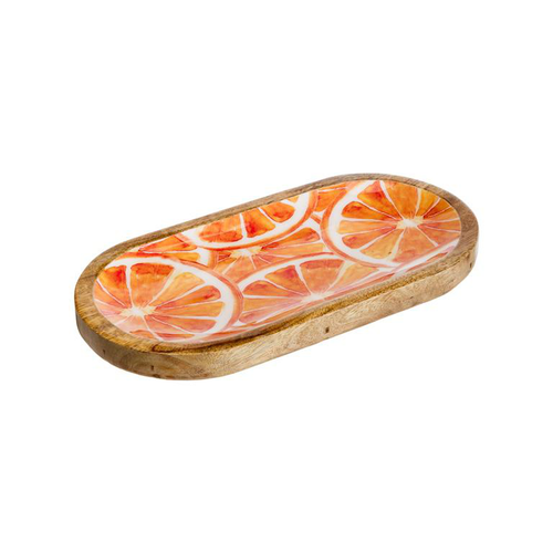 Visuel 1 du produit Plateau ovale en bois de manguier à décor orange - 30 x 15 x 2,5 cm