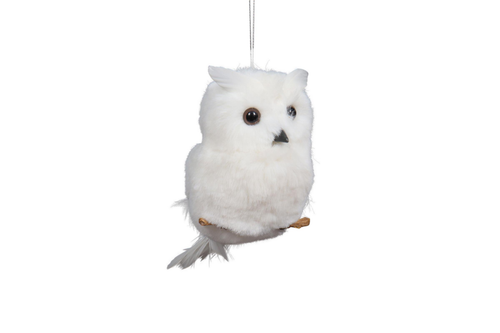 Visuel 1 du produit Suspension décorative hibou sur perchoir coloris blanc en polyester - 7,5 x 6,5 x 14 cm