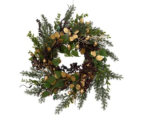 Visuel 1 du produit Couronne artificielle en plastique vert avec baies scintillantes or - Ø 40 cm