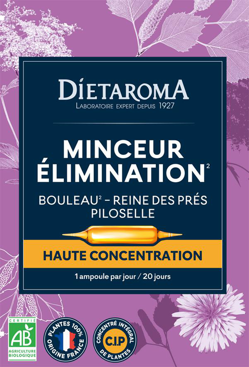 Visuel 1 du produit Complément alimentaire bouleau, reine des prés, piloselle CIP bio Dietaroma minceur élimination - 20 ampoules x 10 ml
