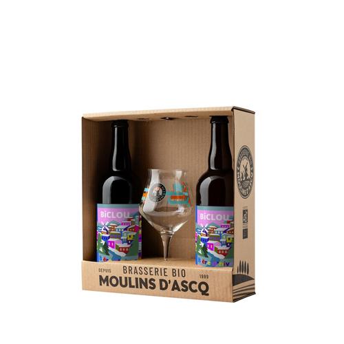 Visuel 1 du produit Coffret de Noël de 2 bières bio Biclou 75 cl avec verre Brasserie des Moulins d’Ascq - les 3 pièces