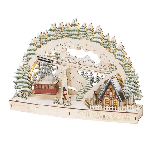 Visuel 1 du produit Ville de Noël en bois certifié FSC® animé téléphérique LED blanc chaud fixes intérieur - L 9,50 x 44,50 x H 31,5 cm