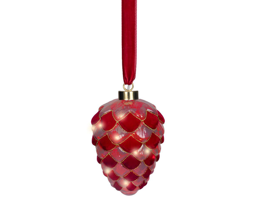Visuel 1 du produit Pomme de pin en verre rouge à micro LED blanc chaud  - Ø 15 x H 21,5 cm
