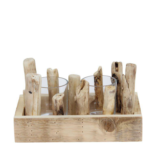 Visuel 1 du produit Plateau en bois blanchi avec 2 photophores en verre transparent - 24 x 14 x 12 cm