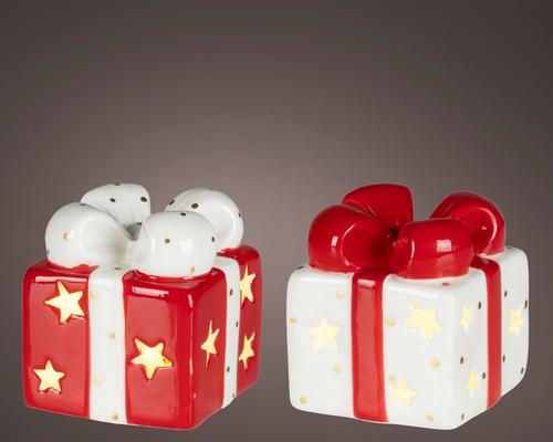 Visuel 1 du produit Cadeau décoratif à LED en dolomite rouge et blanc - 6,7 x 6,7 x 7,4 cm