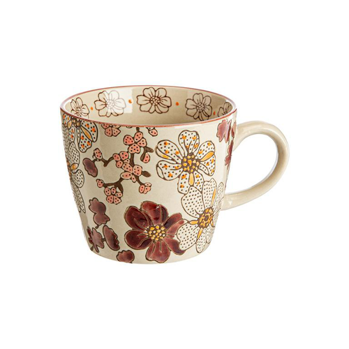 Visuel 1 du produit Coffret 4 tasses en grès beige à fleur pourpre Kiyo - Ø 9 x H 8 cm