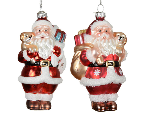 Visuel 1 du produit Père Noël en verre rouge avec hotte et chien - 7,3 x 6,2 x 12,8 cm