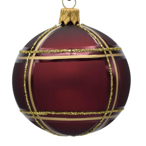 Visuel 1 du produit Boule de Noël en verre bordeaux avec motif carreaux or - Ø 7 cm
