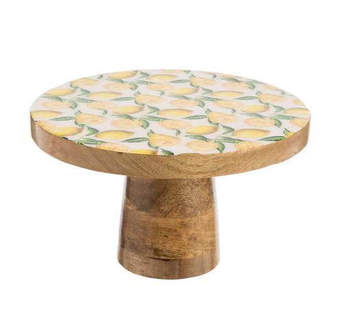 Visuel 1 du produit Assiette sur pied en bois de manguier émaillé à décor citrons (blanc jaune vert) - 25 x 25 x 10 cm