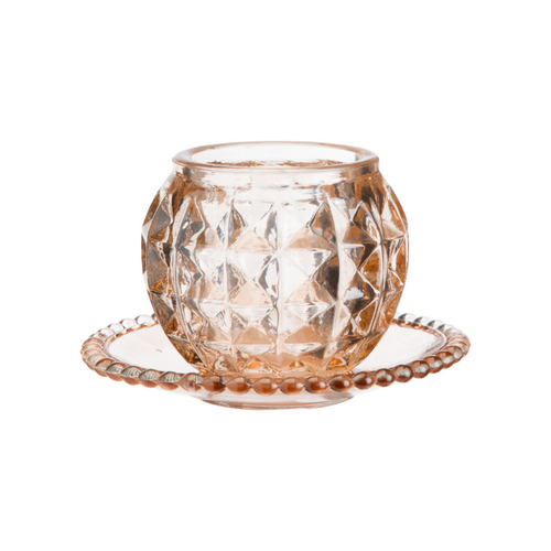 Visuel 1 du produit Photophore rond en verre pêche sur coupelle assortie - 12 x 8 cm