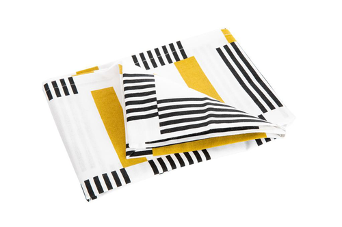 Visuel 1 du produit Torchon en coton coloris blanc, noir et moutarde avec des lignes asymétriques – 50 x 70 cm
