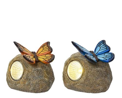 Visuel 1 du produit Pierre décorative avec papillon LED coloris blanc chaud - 7 x 9,5 x 9 cm