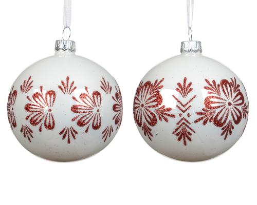 Visuel 1 du produit Boule de Noël en verre blanc avec fleurs rouges - Ø 8 cm