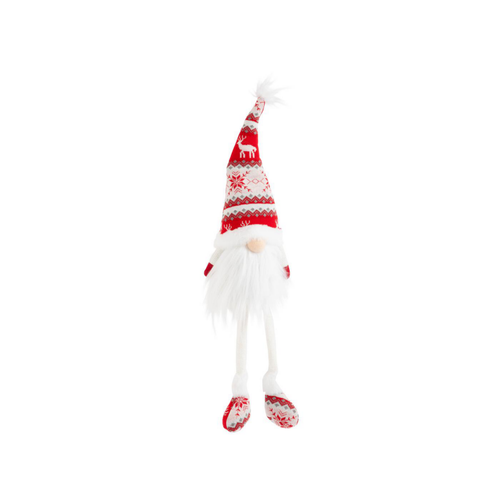 Visuel 1 du produit Gnome rouge et blanc assis avec bonnet tricot et jambes flexibles - 65 cm