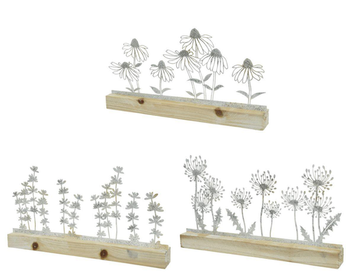 Visuel 1 du produit Fleurs en fer blanc sur support en bois blanchi - 29 x 17 cm