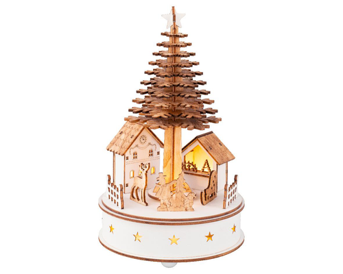 Visuel 1 du produit Village animé lumineux rond en contreplaqué avec sapin à 5 LED blanc chaud Dicken’s - Ø 15 x H 25 cm