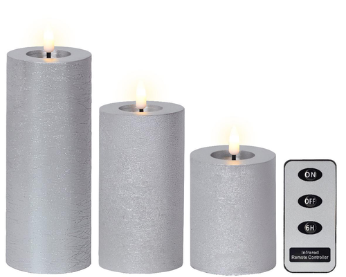 Visuel 1 du produit Lot de 3 bougies argentées imitation cire à LED blanc chaud avec télécommande pour intérieur - Ø 7 x H 19 cm