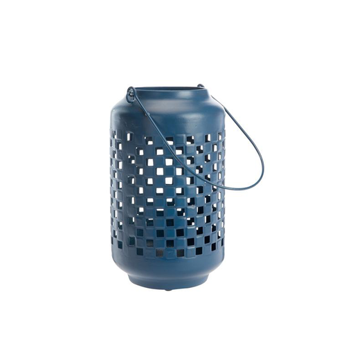 Visuel 1 du produit Lanterne en métal émaillé bleu mat décor cubes - Ø 15 x H 25 cm