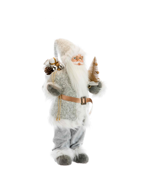 Visuel 1 du produit Père Noël en tissu gris et blanc avec hotte de cadeaux et sapin - 46 cm