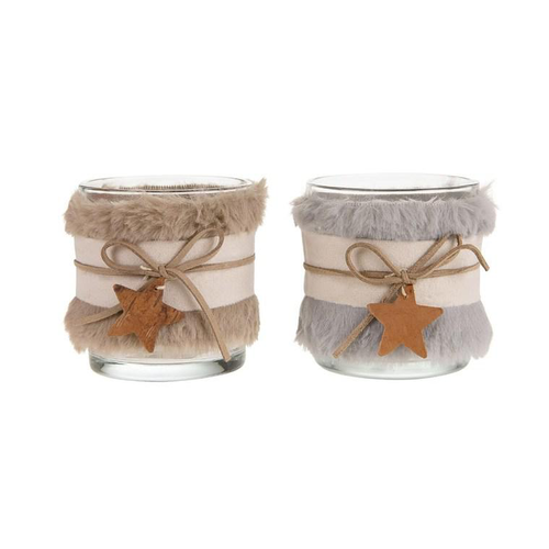 Visuel 1 du produit Photophore en verre et fourrure décor étoile - Ø 7 x H 8 cm