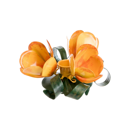 Visuel 2 du produit Bougeoir en métal vert à 3 fleurs jaunes - 15 x 13 x 7 cm