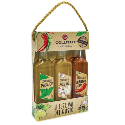 Visuel 1 du produit Coffret de 3 huiles d’olive aromatisées basilic, ail, piment Collitali -  les 3 bouteilles