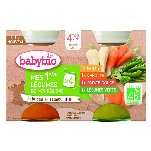 Visuel 1 du produit Petits pots pour bébé dès 4 mois aux légumes Babybio Mes 1ers légumes de nos régions – 4 x 130 g