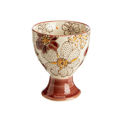 Visuel 1 du produit Coffret 4 coquetiers en grès beige à fleur pourpre Kiyo - Ø 6 x H 5 cm