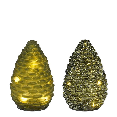 Visuel 1 du produit Photophore vert forme pomme de pin en verre avec 10 LED et minuteur - Ø 10 x H 15 cm